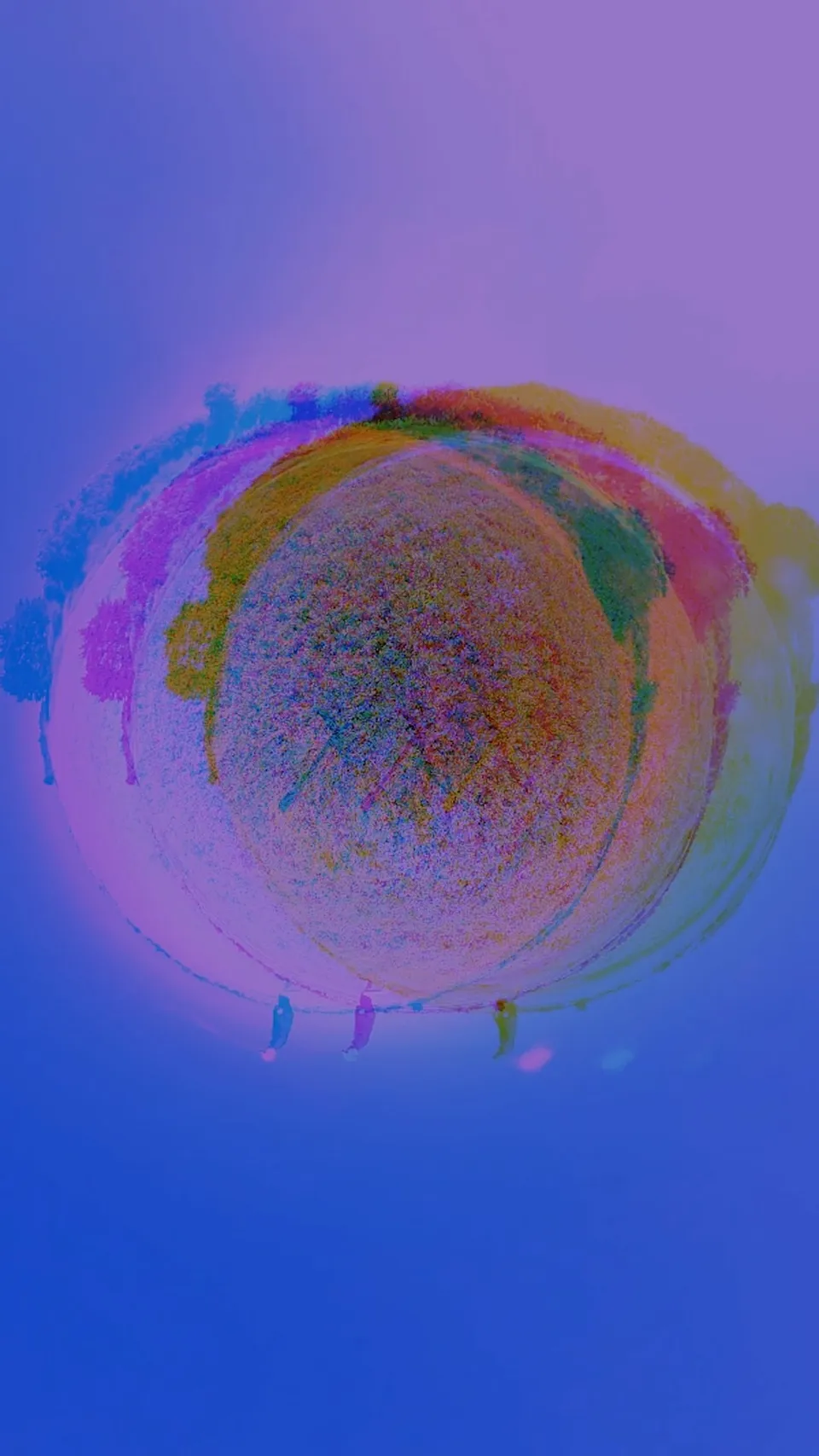 The small planet with small figures drifting at its edge against a violet sky